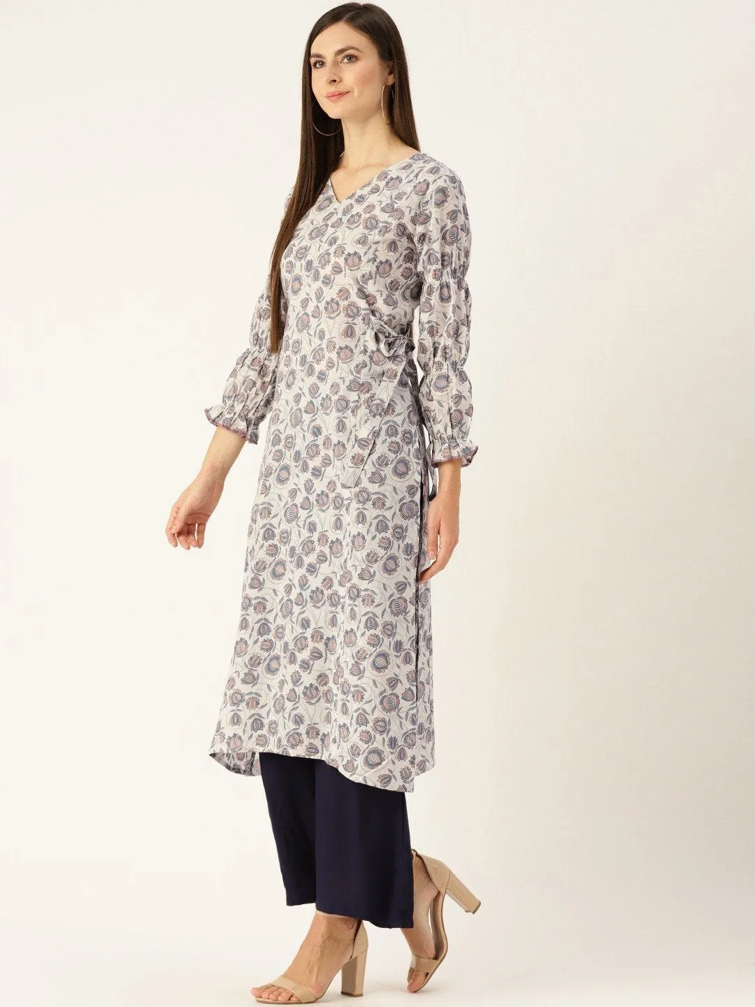 Women Grey Calf Length Three-Quarter Sleeves A-Line Floral Printed Cotton Kurta