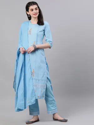 Women Light Blue Three-Quarter Sleeves Flared Kurta Palazzo With Dupatta