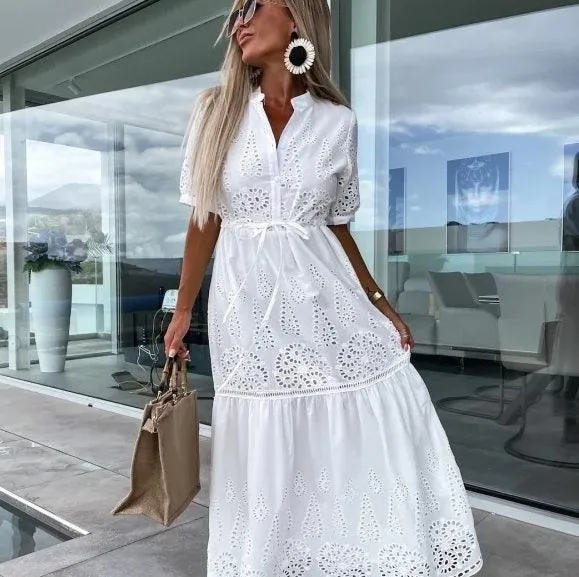 Women's New Fashion Button Strap Short Sleeve Waist-controlled Mid-length Dress